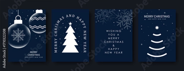 Fototapeta Vector Merry Christmas and Happy New Year greeting card. Minimalistic design for cards and advertising. Vector illustration with Christmas baubles, snowflakes, and a Christmas tree.