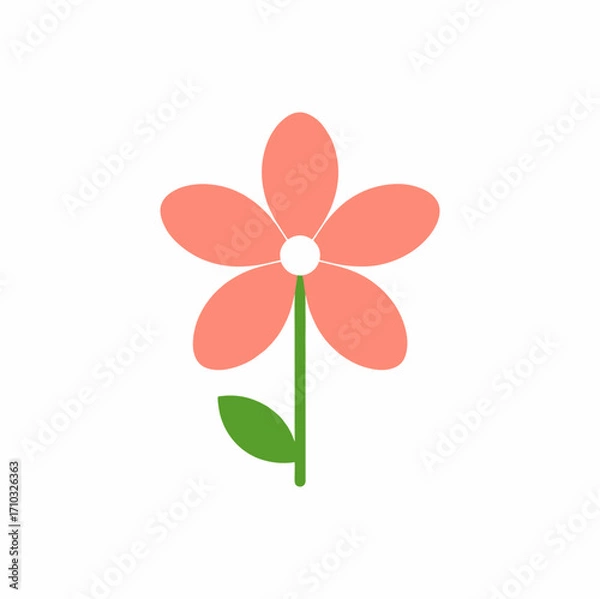 Fototapeta Simple flower vector icon, soft coral flower petals and green leaves