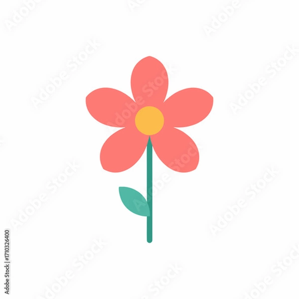Fototapeta Simple flower vector icon, soft coral flower petals and green leaves