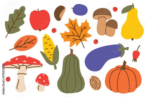 Fototapeta bundle of autumn design elements: apple, mushrooms, pumpkins, plum, pear, toadstool, eggplant, corn, chestnut and leaves- vector illustration