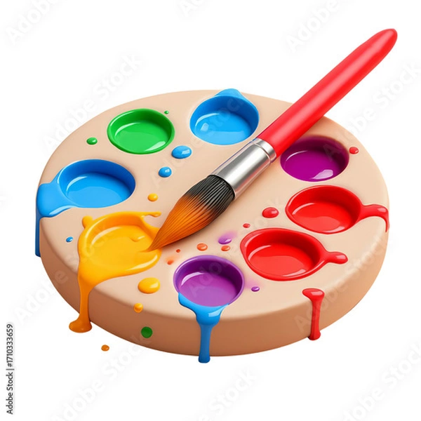 Fototapeta  3D Artist Palette with Brush and Color Dabs Transparent PNG  