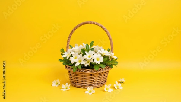 Obraz Beautiful wicker basket filled with white flowers sits against vibrant yellow background, creating cheerful and inviting atmosphere