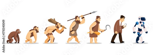 Fototapeta Human evolution cartoon character illustration . Start from prehistoric age, hunter-gatherer age, agricultural age to digital and AI age . Flat design . Isolated white background . Vector .