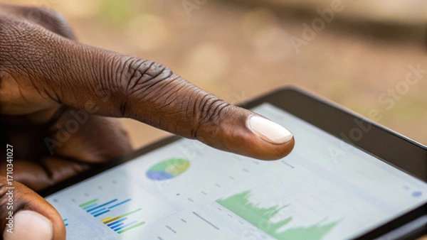 Fototapeta Focused person analyzing data on tablet outdoors represents diversity in tech and progress toward business sustainability using modern digital analysis tools