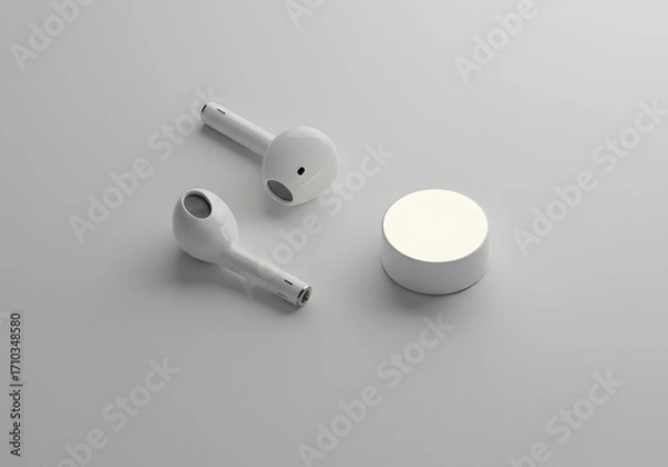 Fototapeta Wireless earbuds and charging case on a white background