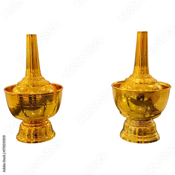 Fototapeta Golden traditional Thai water container with intricate patterns and shiny surface