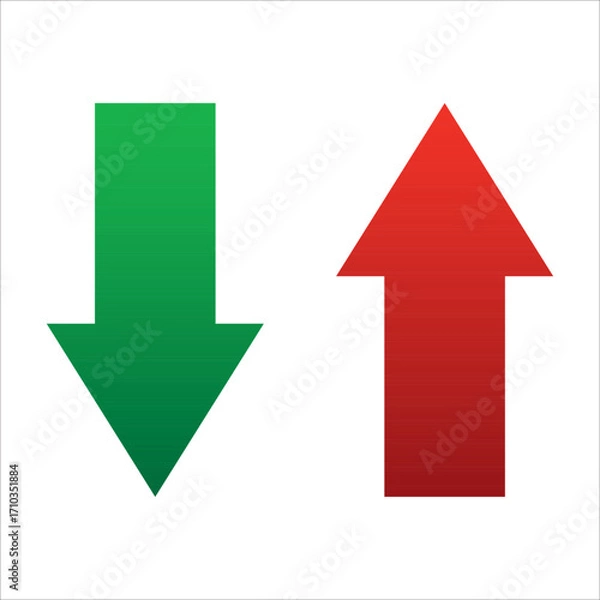 Fototapeta Up and Down sign with green and red arrows vector illustration. Concept of sales bar chart symbol icon with arrow moving down and sales bar chart with arrow moving up.