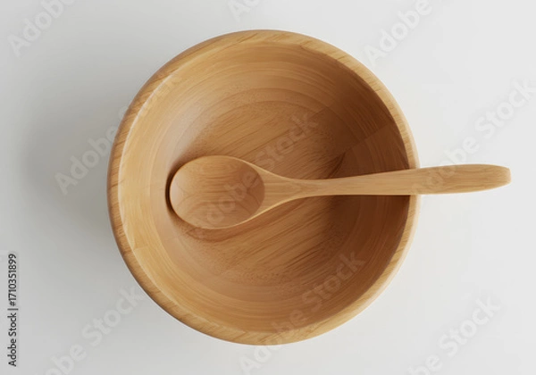 Fototapeta Wooden bowl and spoon on transparent background overhead view