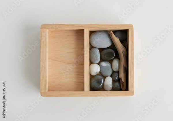 Fototapeta Wooden box with pebbles and driftwood on a transparent background