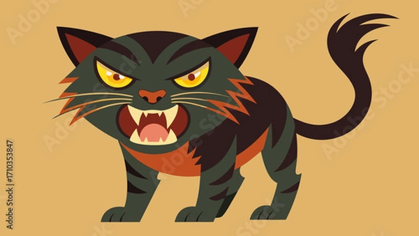 Fototapeta A vibrant, stylized drawing of an aggressive cat with a distinctive tiger-like striped pattern. The cat is depicted in full view, with a curved tail and alert ears, ready for attack or defense