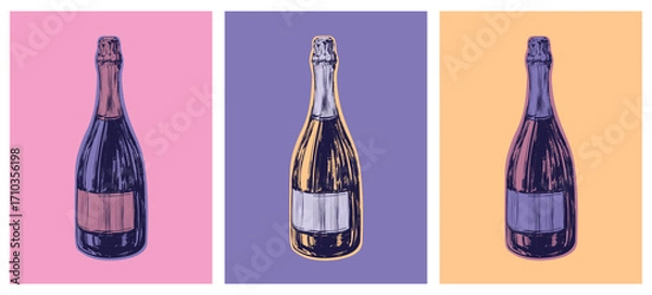 Obraz Champagne Bottle Hand Drawing Vector Illustration Alcoholic Drink. Pop Art Style. Party