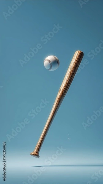 Obraz Baseball Bat and Ball in Action: A high-angle shot of a baseball bat and ball suspended in mid-air against a vivid blue backdrop. Emphasizing dynamic action, perfect for sports and game design.