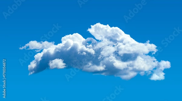 Fototapeta A large white cumulus cloud isolated on a blue background. Detailed steam with cottony ends. Harsh midday chiaroscuro. Imaginary forms of psychological observation.