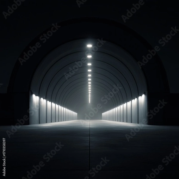 Fototapeta Into the Illuminated Void: A stark, futuristic tunnel, its concrete curves illuminated by a long line of vertical lights vanishing into the mysterious depth.