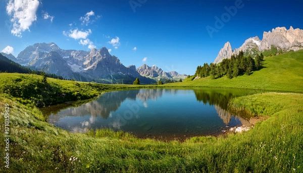 Fototapeta Stunning Landscape Featuring Mountains And A Serene Lake Surrounded By Lush Greenery Under A Bright Blue Sky