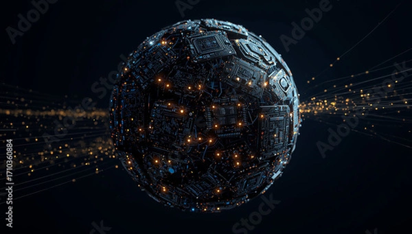 Fototapeta Abstract Futuristic Orb Covered in Circuitry and Microchips