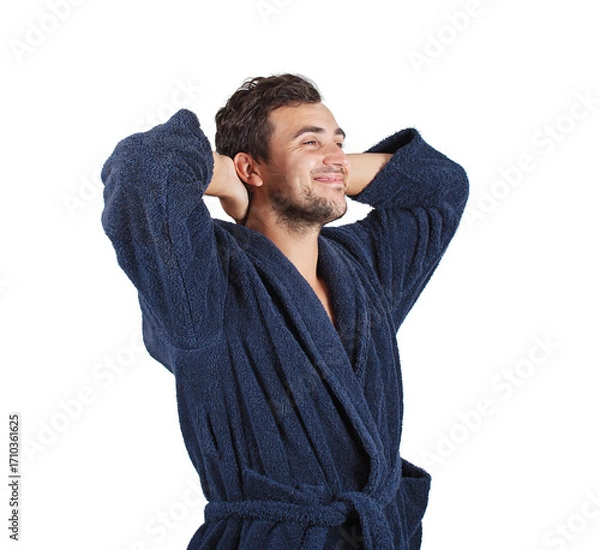 Fototapeta Happy young man wearing bathrobe stretching in the morning with a pleasant feeling and positive mood isolated on transparent background