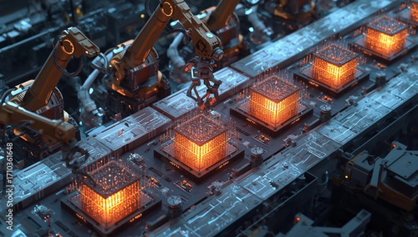 Fototapeta Futuristic Robotic Arms Assembling Microchips on a Factory Conveyor