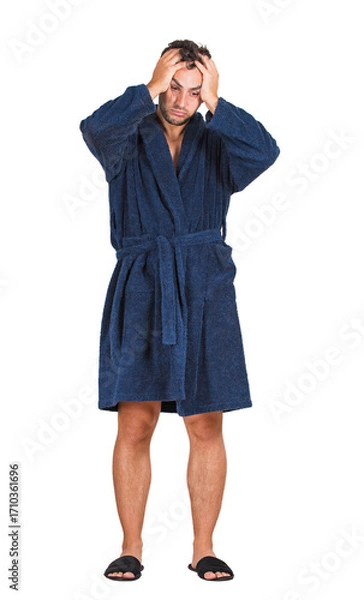 Fototapeta Full length portrait of tardy young man wearing bathrobe keeps hands to head, unable to wake up in time to get to work, isolated on transparent background