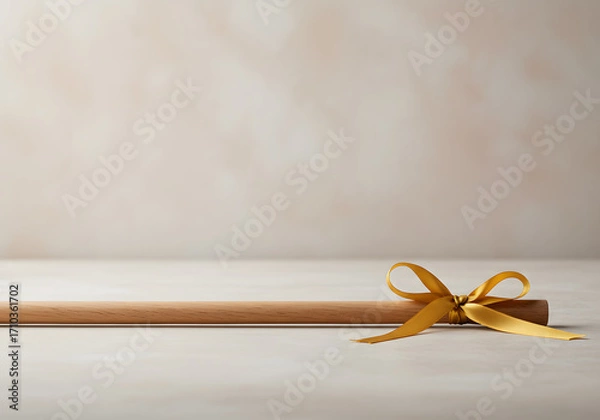 Fototapeta Wooden dowel and gold ribbon on a neutral background