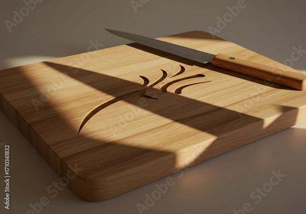 Fototapeta Wooden cutting board with knife and carrot shape for food preparation