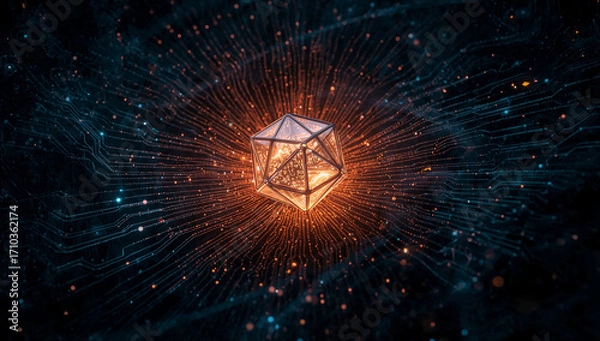 Fototapeta Abstract Dodecahedron Geometric Form at the Center of a Futuristic Digital Network