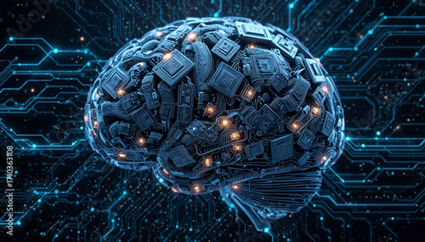 Fototapeta Futuristic Human Brain Sculpture with Integrated Circuitry and Lights