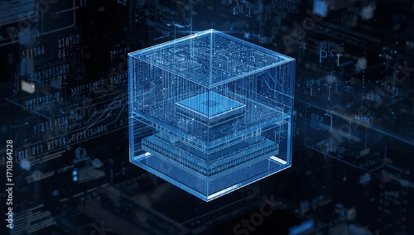 Fototapeta Transparent 3D Cube with Central AI Processor and Digital Circuitry