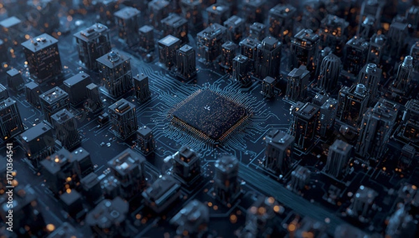 Fototapeta Close-up of a Futuristic Microchip on a Circuit Board with Glowing Lines