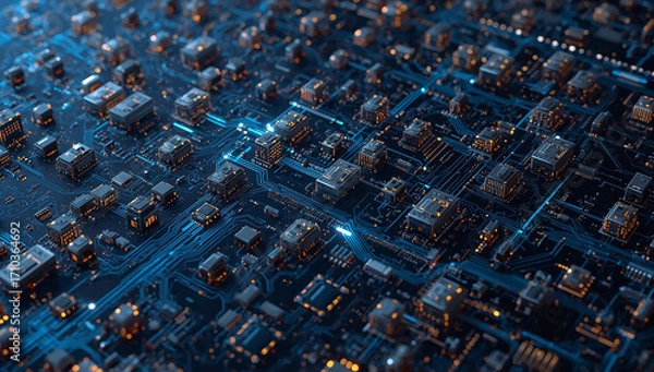 Fototapeta Close-up of a Futuristic Microchip on a Circuit Board with Glowing Lines