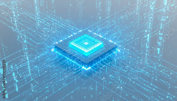 Fototapeta Futuristic 3D Render of a CPU with Blue Data Flow on a Digital Surface