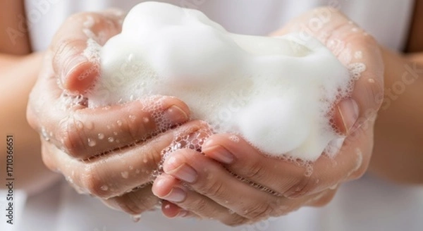 Obraz Woman washing hands with soap foam. Personal hygiene and cleanliness concept. Close-up view of female palms with white lather. Health care and germ protection