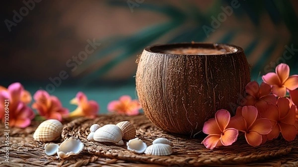 Fototapeta Warm Brown Coconut Drink with Orange Flowers and Shells on Rustic Mat