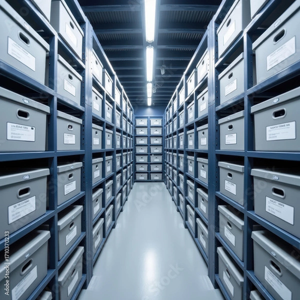 Obraz Organized storage room with rows of labeled boxes shelves, creating sense of order and efficiency. bright lighting enhances clean, modern