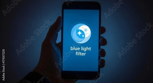 Obraz Blue light filter app on smartphone screen in dark room. Digital eye strain prevention. Night mode for better sleep. Mobile technology for health and wellness concept.
