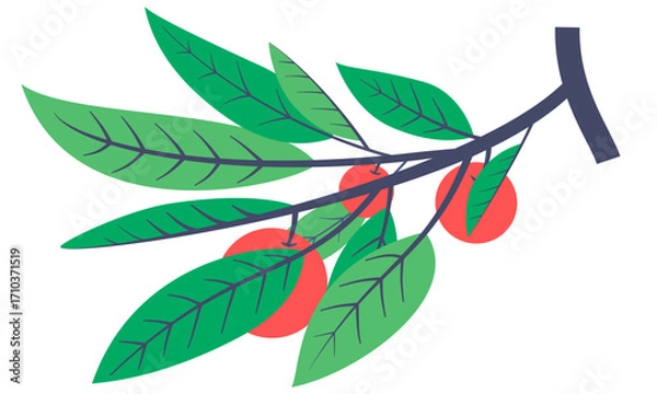 Fototapeta Illustration of an apple tree branch with green leaves and red fruits.