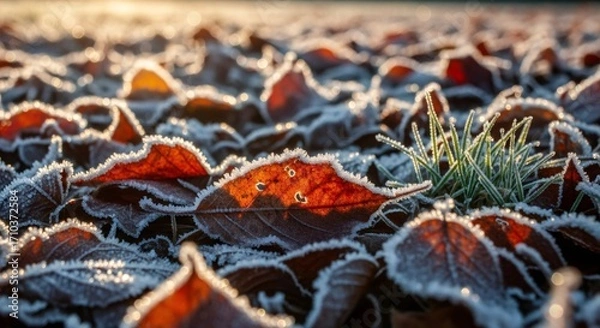 Obraz Frosty autumn leaves on ground at sunrise. Close-up of frozen foliage with morning dew. Nature's beauty in fall season. Concept of change and transition in cold weather.