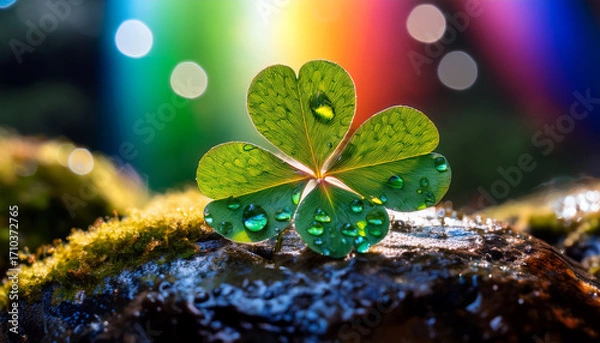 Fototapeta Indulge In The Enchantment Of St Patrickrs Day With This Four Leaf Clover On A Mossy Stone Where Refracted Rainbow Hues From Water Droplets Lend A Dreamy Magical Aura
