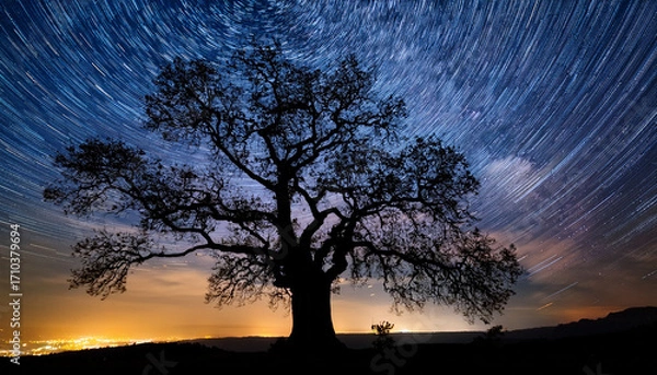 Fototapeta Silhouetted Tree Against Starry Night Sky With Branches Spreading Widely