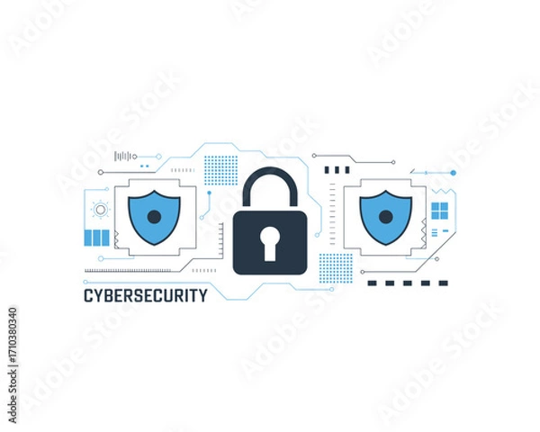Fototapeta Cybersecurity Illustration with Lock and Shields: Network Security, Data Protection, and Digital Safety Concept for Modern Technology Businesses and Online Security Solutions