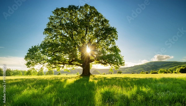Fototapeta Sunlight Shining Through A Large Tree In A Grassy Field Landscape