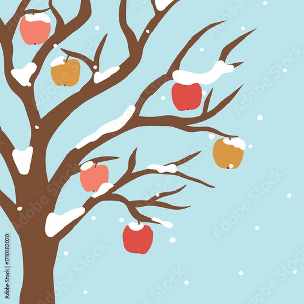 Fototapeta winter scenery, bare tree with apples covered with snow- vector illustration