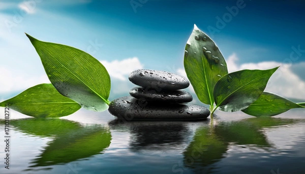 Fototapeta Serene Composition Of Smooth Black Stones And Vibrant Green Leaves In Tranquil Water Setting