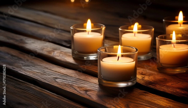 Fototapeta Serene Candlelight A Warm And Inviting Scene Of Glowing Candles On A Weathered Wooden Surface Casting Soft Shadows And Evoking A Sense Of Peace And Tranquility