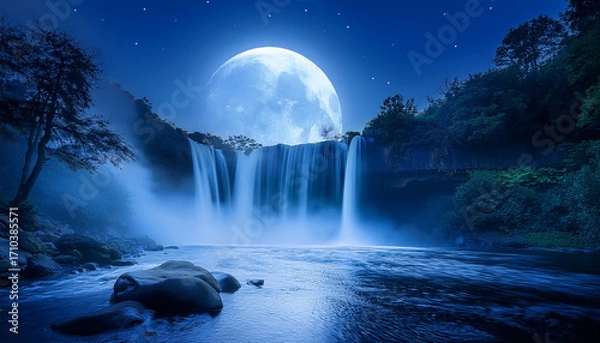 Fototapeta Misty Moonlit Night Scene Of A Majestic Waterfall Delicate Mist Swirls Cascading Downward Emphasizing The Soothing Magical Quality Of The Scene