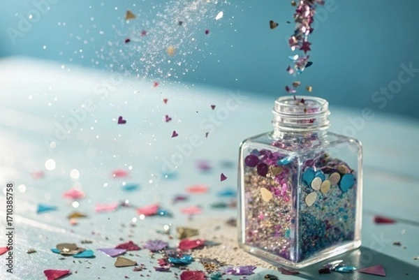 Obraz Sparkling glitter pouring from a small bottle onto a surface creating a festive and celebratory atmosphere