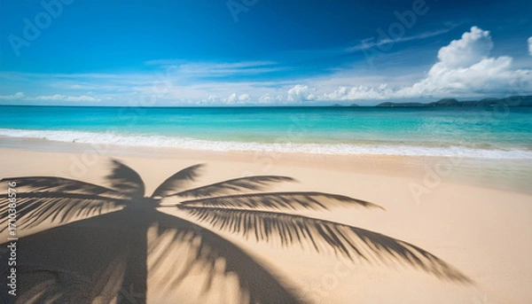 Fototapeta Vibrant Summer Scene Selective Focus On Beach Sand Coconut Leaf Cast Shadow Texture Shadow Paradise Landscape Background