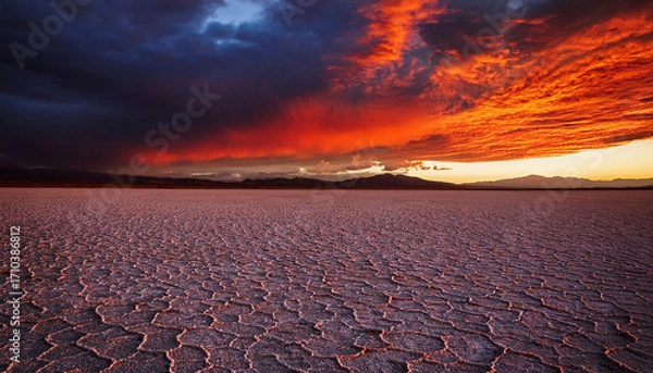 Fototapeta Rippling Salt Flats Under Dramatic Stormy Red Sunset