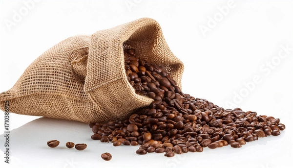 Fototapeta Hessian Sack Spilling Coffee Beans Cutout On Transparent Backgrounds