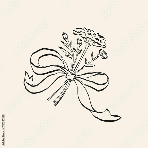 Obraz Botanical drawing. Minimal plant logo, botanical graphic sketch drawing,  meadow greenery, leaf and blooming flower abstract sketch element collection, rustic branch. Trendy tiny tattoo design, floral
